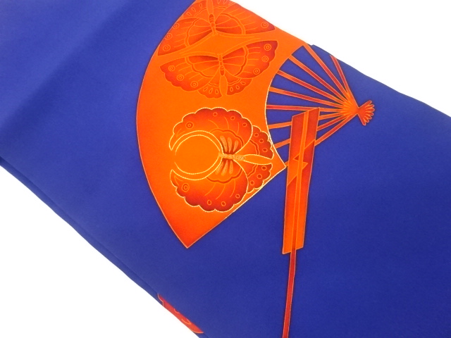 リサイクル　塩瀬金駒刺繍扇に蝶模様名古屋帯